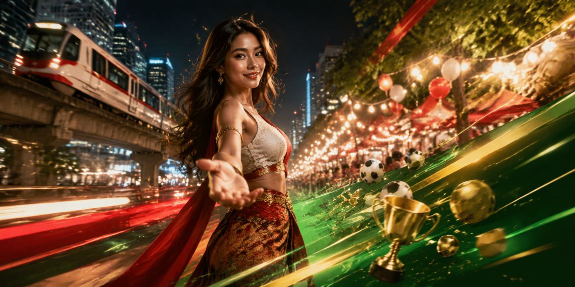 Suasana pasar malam dengan hiburan kasino penuh cahaya dan keramaian