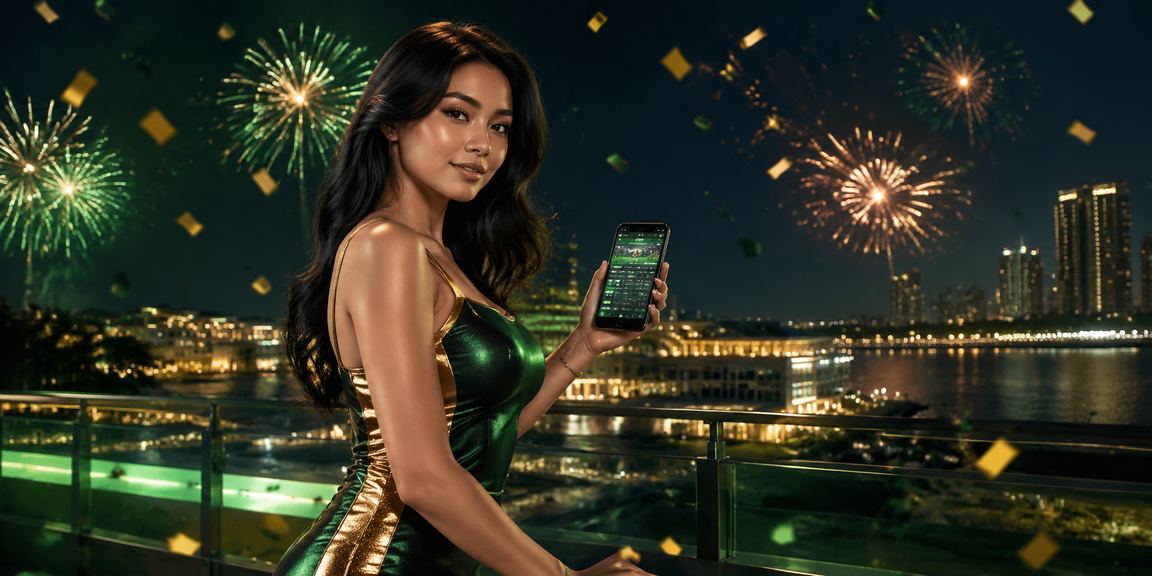 Pengguna bermain mobile casino di festival malam hari yang meriah